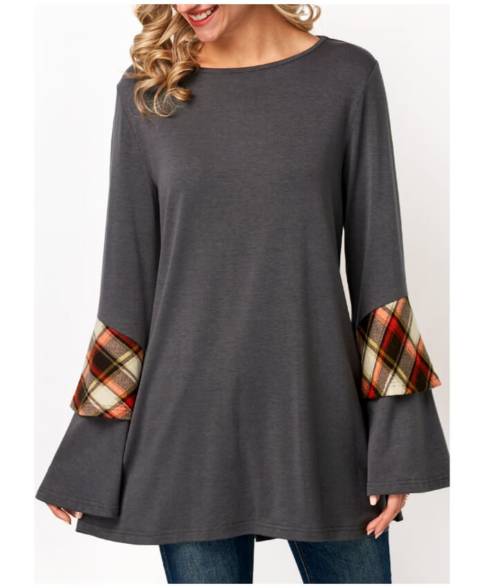 Patchwork Flare Sleeve Grey T Shirt